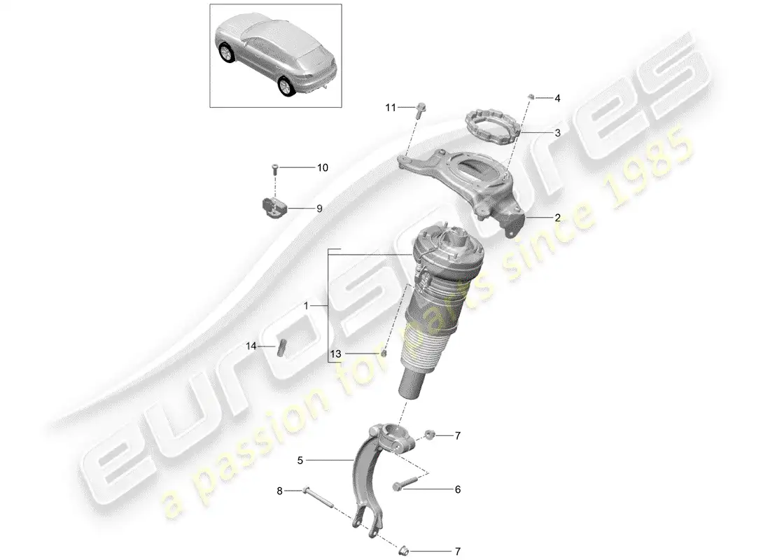 porsche 2014 (macan) air spring suspension strut, complete parts diagram