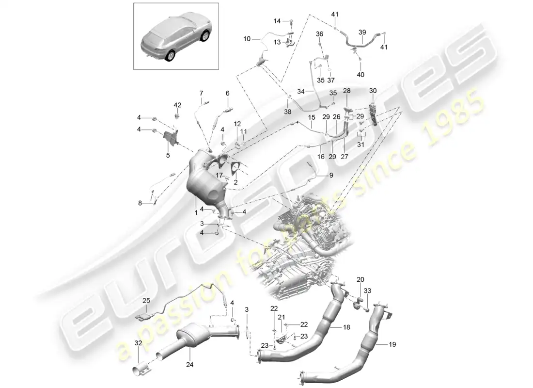 porsche 2014 (macan) exhaust system exhaust pipe with: catalytic converter diesel particulate filter control line parts diagram