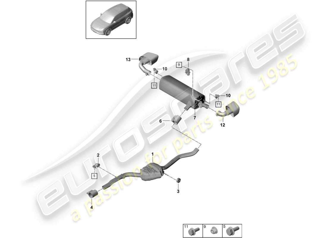 porsche 2022 (cayenne e3 9ya/9yb) exhaust system front silencer rear silencer tailpipe part diagram