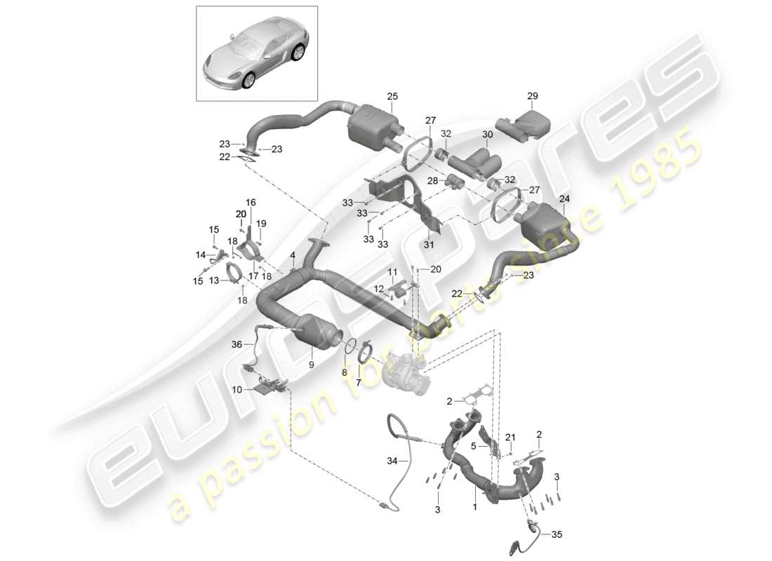 porsche 2026 (718 cayman) exhaust system silencer catalytic converter parts diagram