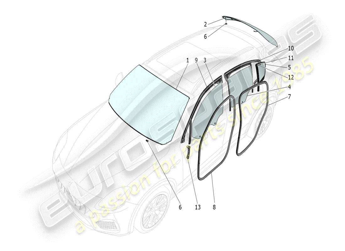 maserati grecale modena (2023) windows and window strips parts diagram