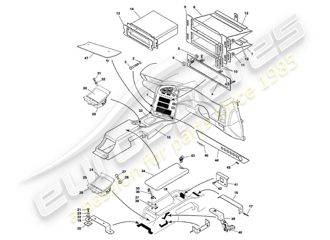 aston martin v8 volante (2000) centre console & trim part diagram