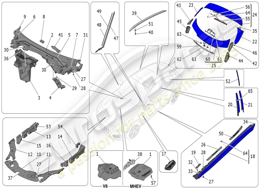 maserati grecale modena (2023) shields, trims and covering panels parts diagram
