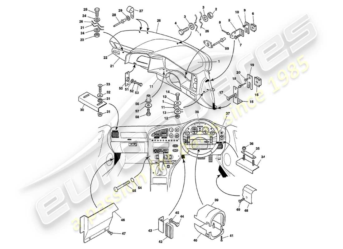 aston martin v8 volante (2000) fascia & trim part diagram