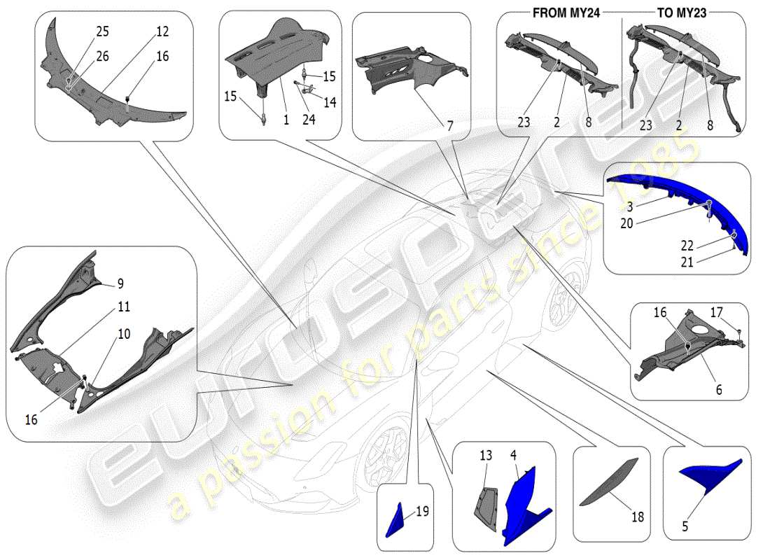 maserati mc20 (2024) shields, trims and covering panels part diagram