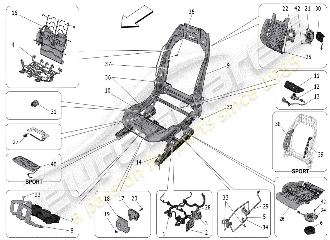 maserati grecale modena (2023) front seats: mechanics and electronics parts diagram