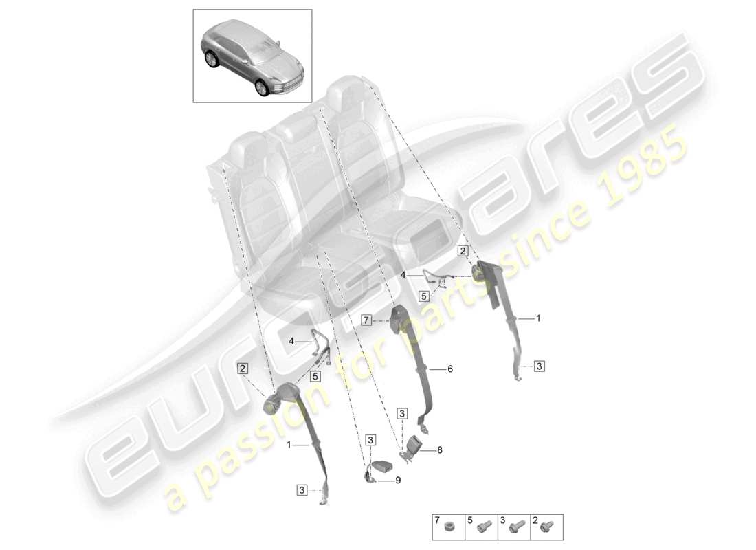 porsche 2023 (macan) three-point safety belt rear belt latch part diagram