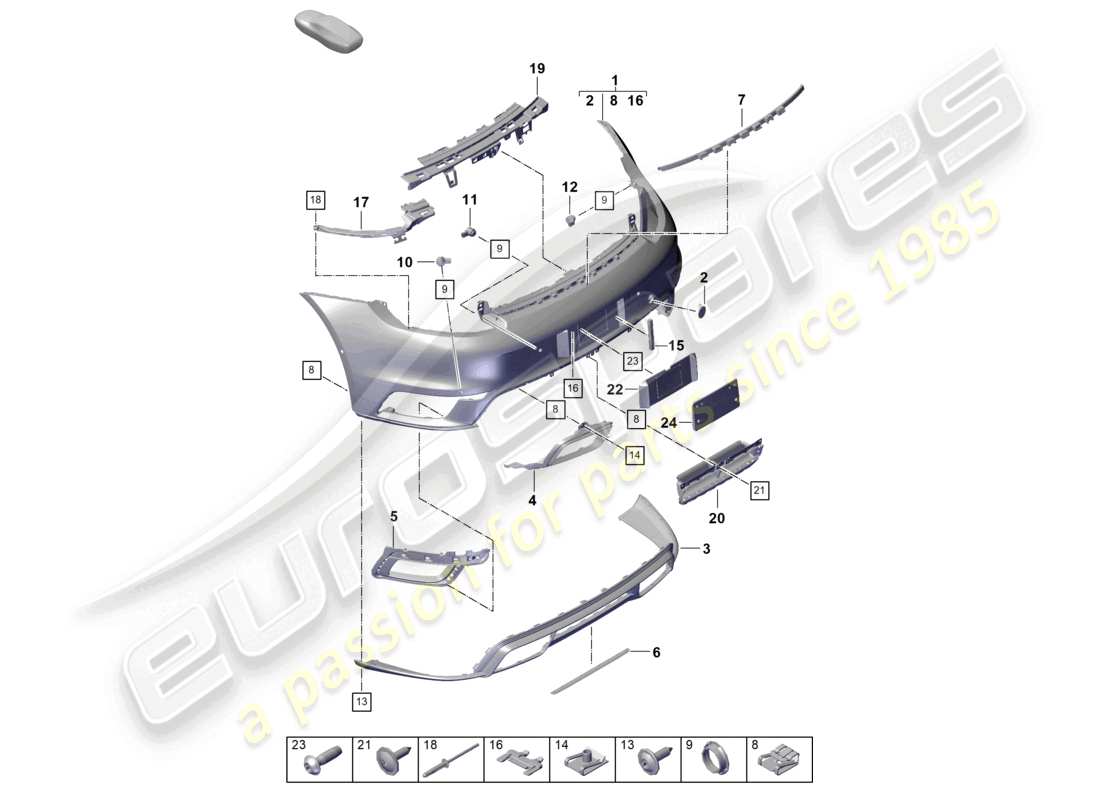 porsche 2022 (992-1 turbo / s) bumper rear with: basic accessories parts diagram