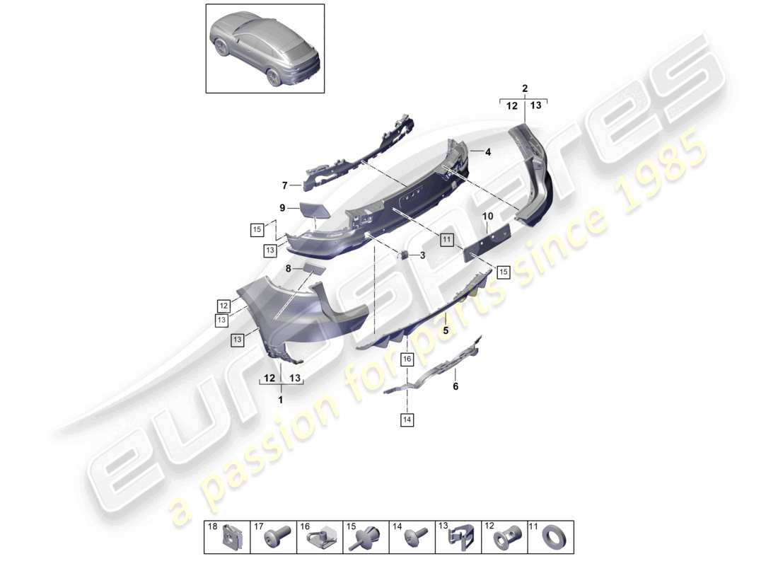 porsche 2021 (cayenne e3 9ya/9yb) bumper rear coupe sport design package exhaust system center part diagram