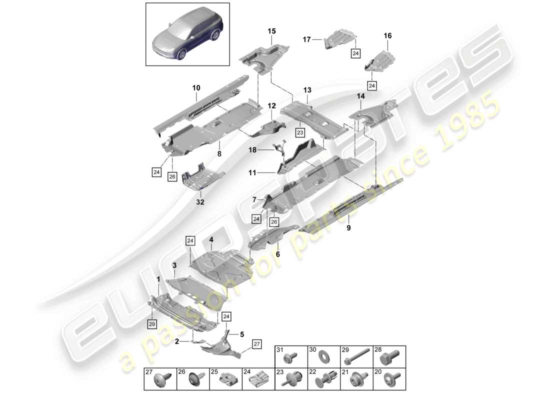 porsche 2021 (cayenne e3 9ya/9yb) trim underbody trim part diagram