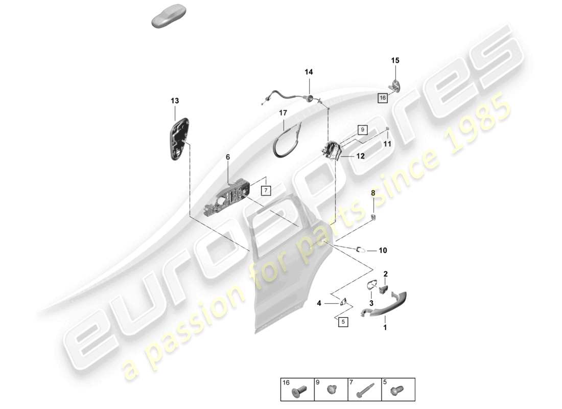 porsche 2023 (cayenne e3 pa) door handle, exterior rear door lock part diagram