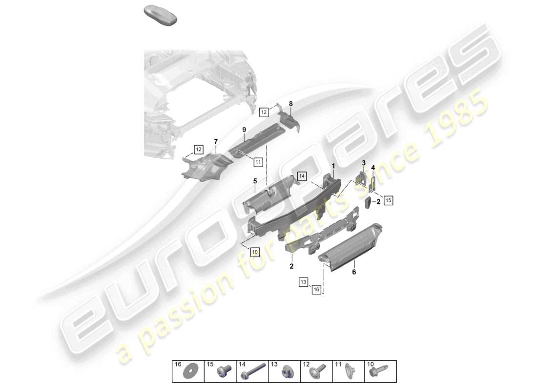 porsche 2022 (992-1) bumper carrier rear and heat shield 911 dakar part diagram