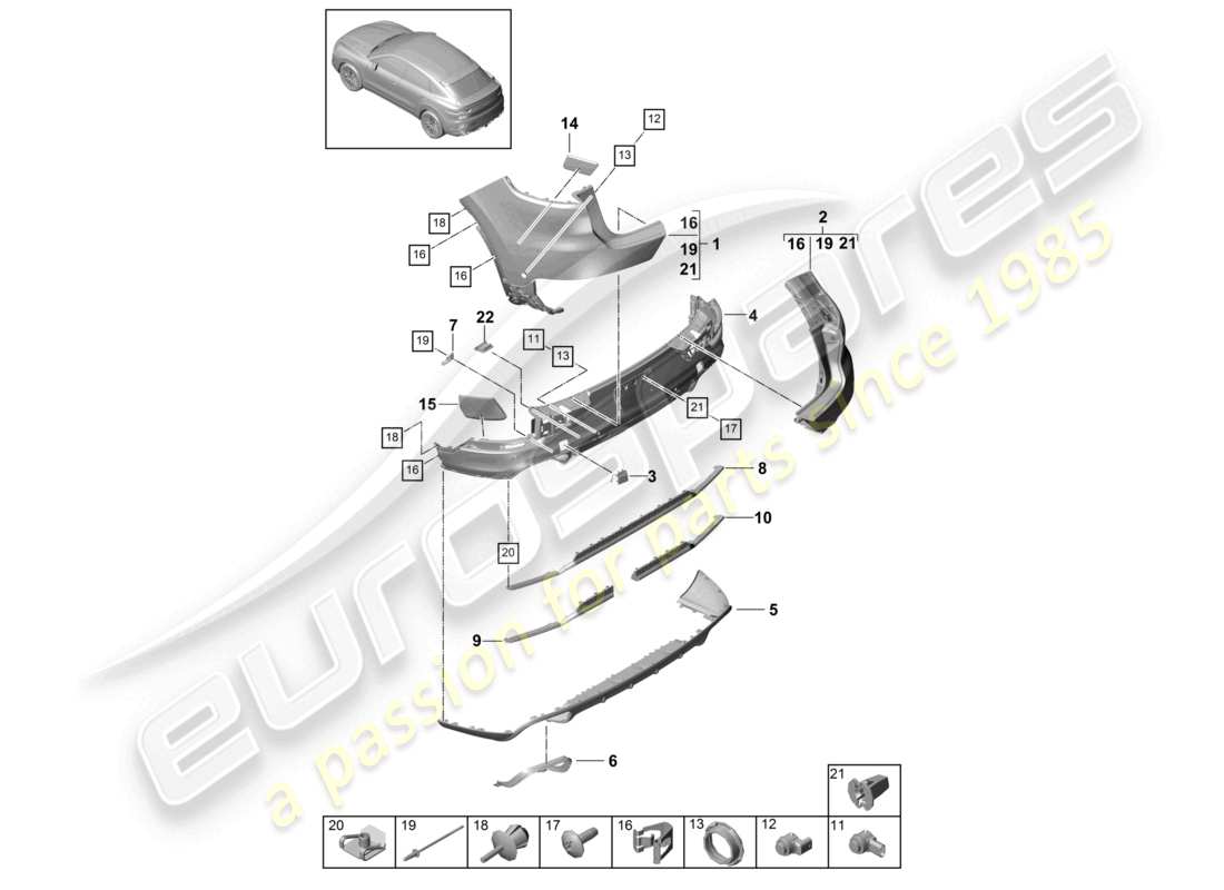 porsche 2021 (cayenne e3 9ya/9yb) bumper rear coupe turbo part diagram