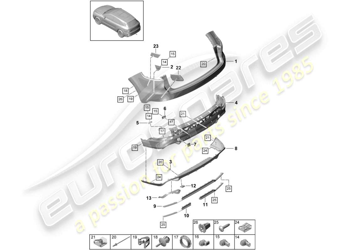 porsche 2021 (cayenne e3 9ya/9yb) bumper rear turbo part diagram