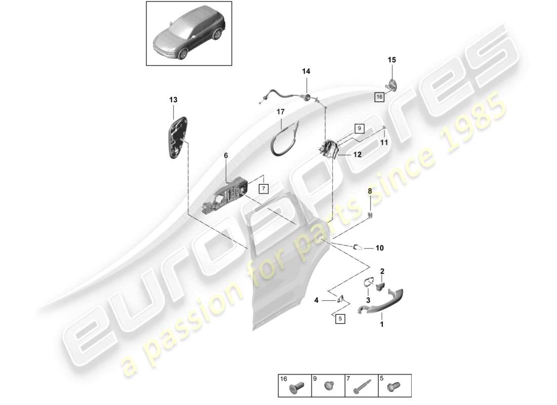 porsche 2021 (cayenne e3 9ya/9yb) door handle, exterior rear door lock part diagram