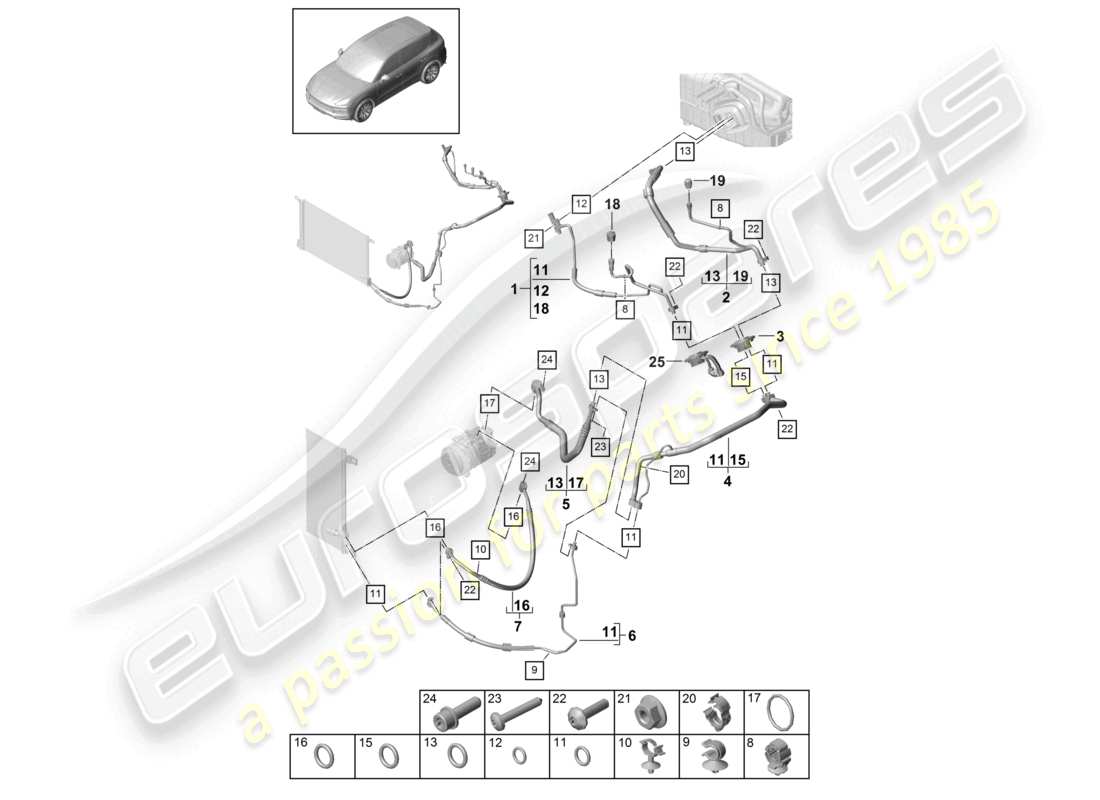 porsche 2021 (cayenne e3 9ya/9yb) air conditioning refrigerant line v6 r134a part diagram