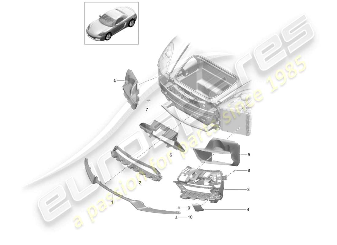 porsche 2025 (718 boxster) air guide front bumper sport design package and gts part diagram