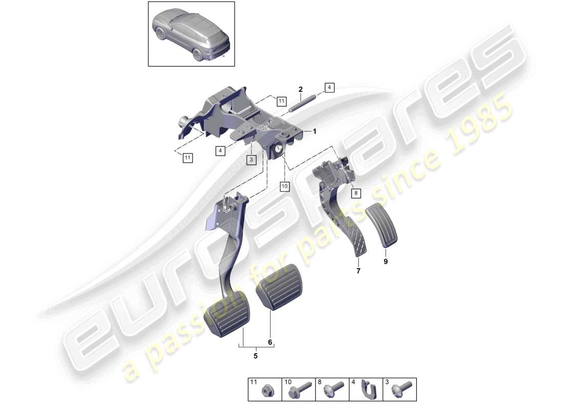porsche 2021 (cayenne e3 9ya/9yb) brake and accel. lever mech. lhd part diagram