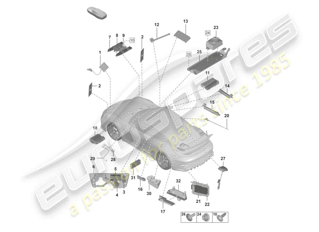 porsche 2025 (992-1 gt3/rs/st) aerial aerial amplifier emergency call loudspeaker chip card reader for road toll system connection for usb and aux-in parts diagram