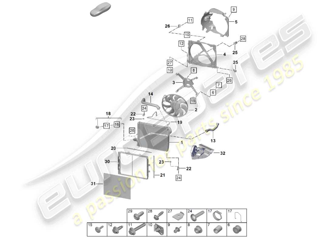porsche 2024 (992-2) cooler for coolant front radiator fan part diagram