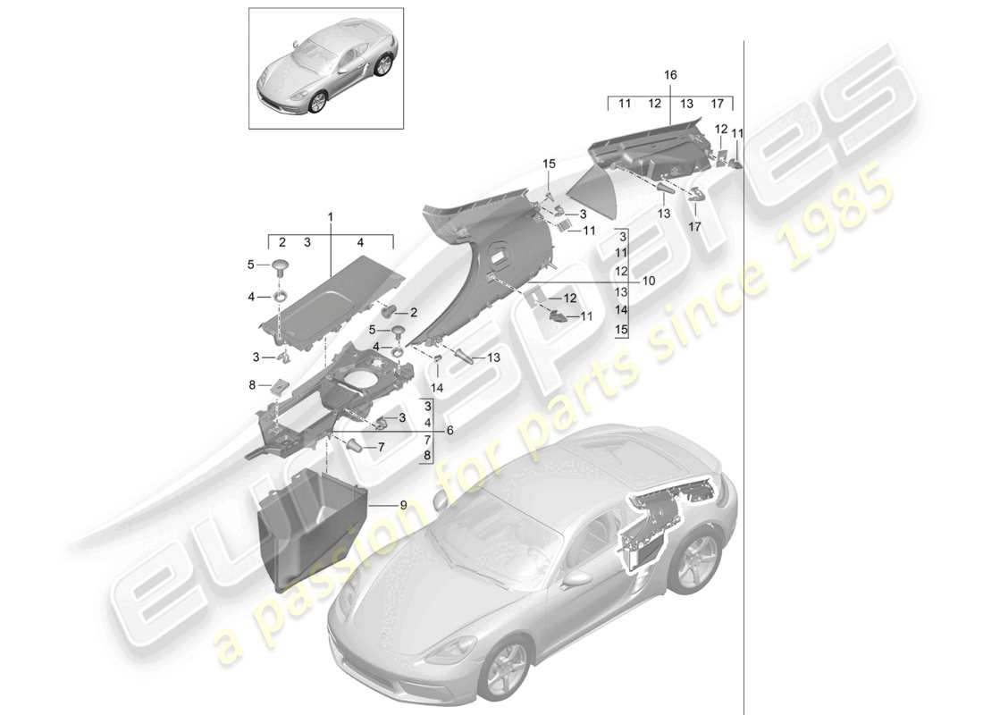 porsche 2026 (718 cayman) trims side rear engine bay and engine bay parts diagram