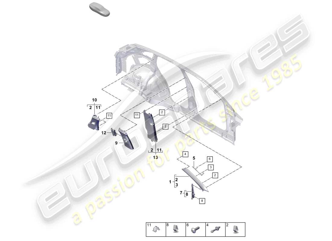 porsche 2023 (cayenne e3 pa) trim upper a-pillar b-pillar c-pillar trim and deformation element part diagram
