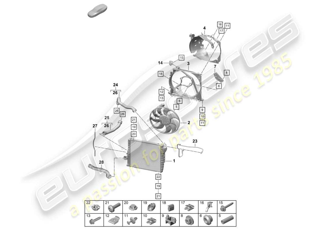 porsche 2023 (718 boxster spyder) cooler for coolant front radiator fan parts diagram
