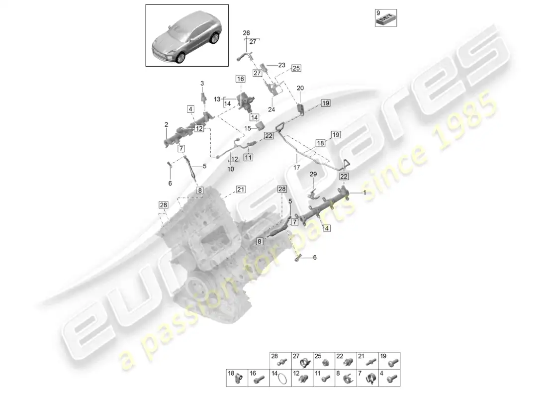 porsche 2020 (macan) fuel collection pipe high-pressure injector high pressure pump parts diagram