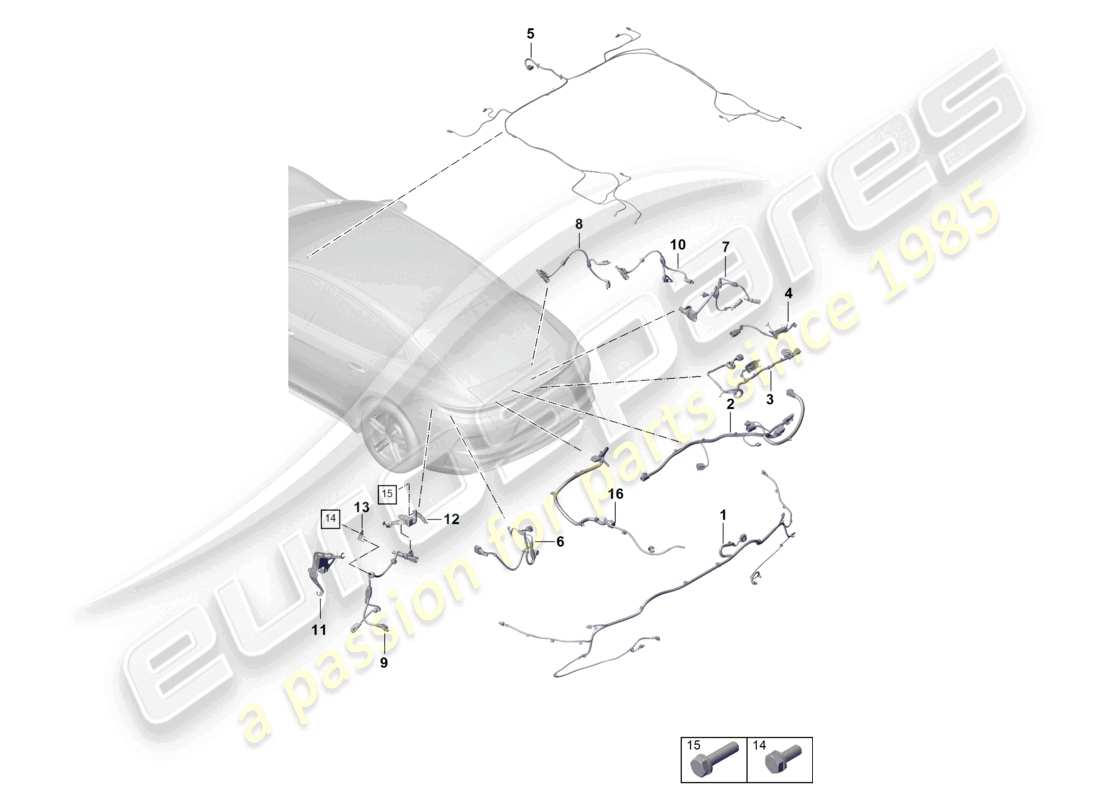porsche 2025 (panamera 976) wiring looms bumper rear wiring harness for anti-lock brakesystem -abs- wiring harness for self-levelling suspension roof trim rear lid rear spoiler parts diagram