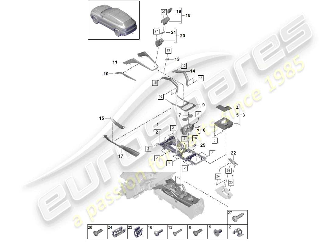 porsche 2024 (cayenne e3 9ya/9yb) centre console upper parts diagram