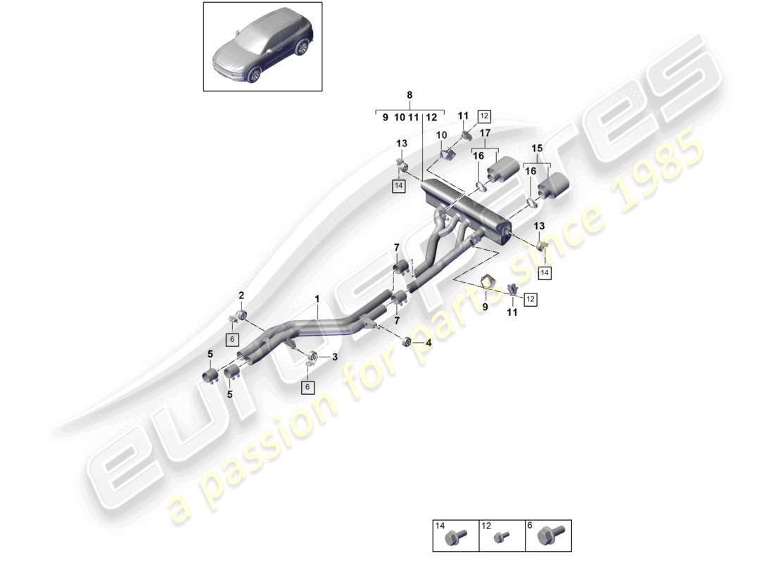 porsche 2023 (cayenne e3 9ya/9yb) exhaust system sport version titanium front silencer rear silencer tailpipe part diagram