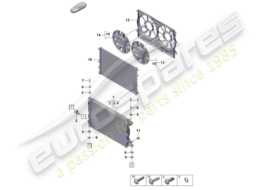porsche 2023 (cayenne e3 pa) coolant cooling system cooler for coolant radiator cowl part diagram