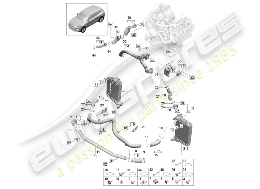 porsche 2020 (macan) charge air cooler pressure pipe throttle valve adapter parts diagram