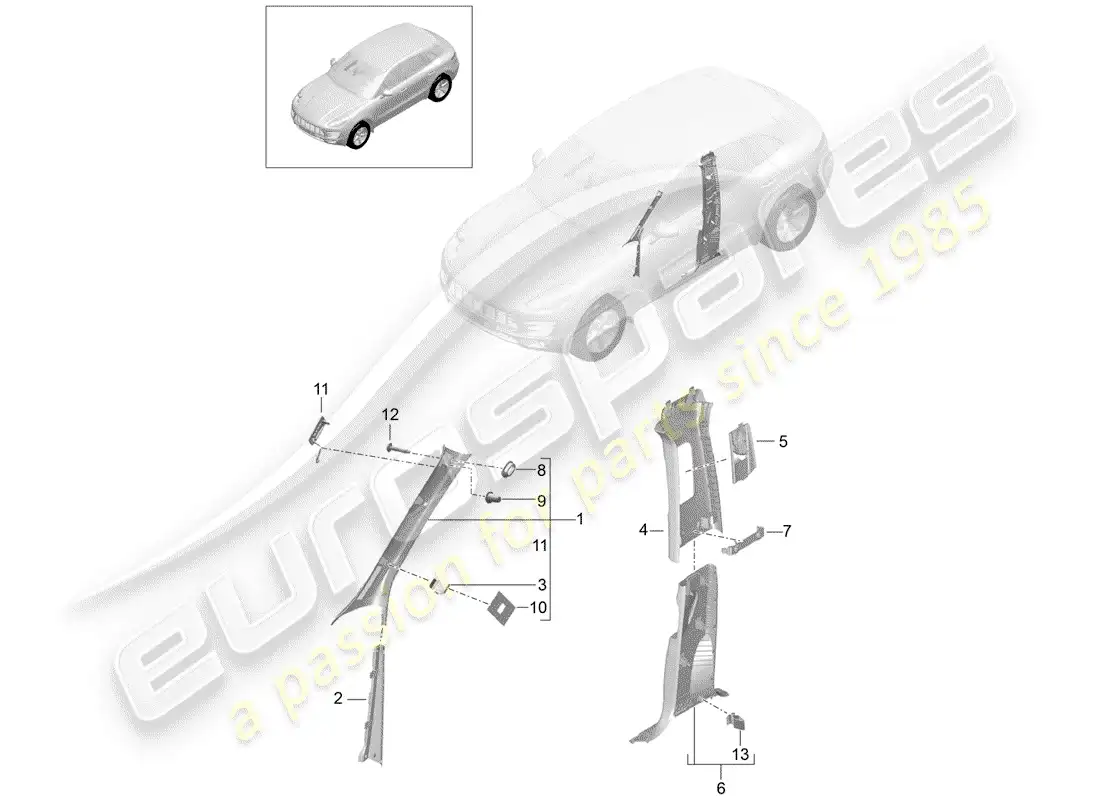 porsche 2014 (macan) a-pillar upper b-pillar trim accessories parts diagram