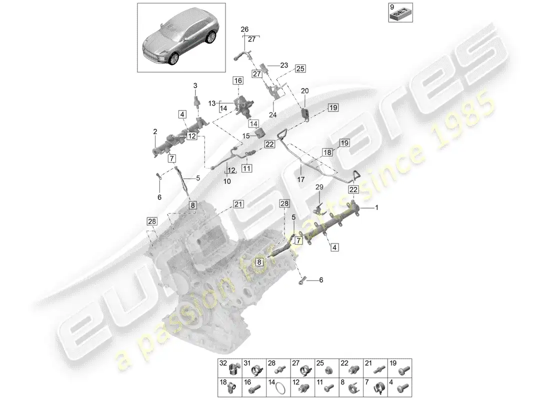 porsche 2020 (macan) fuel collection pipe high-pressure injector high pressure pump parts diagram