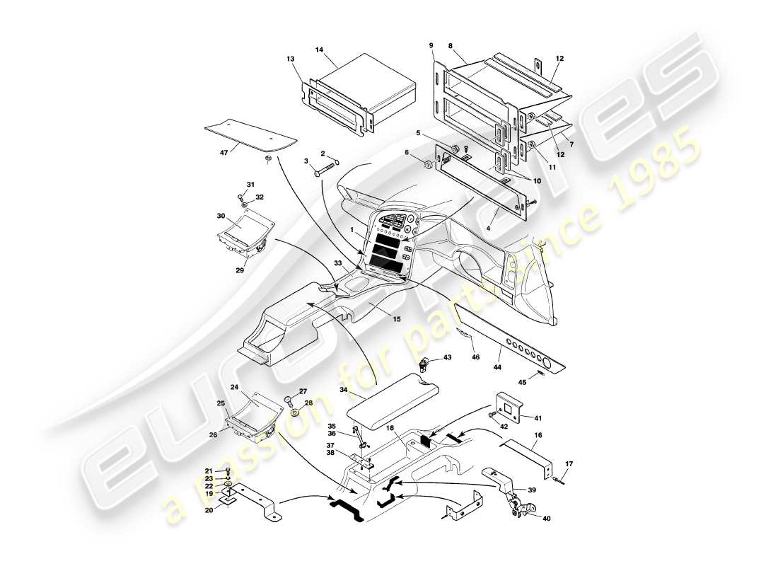 aston martin v8 volante (1997) centre console & trim parts diagram