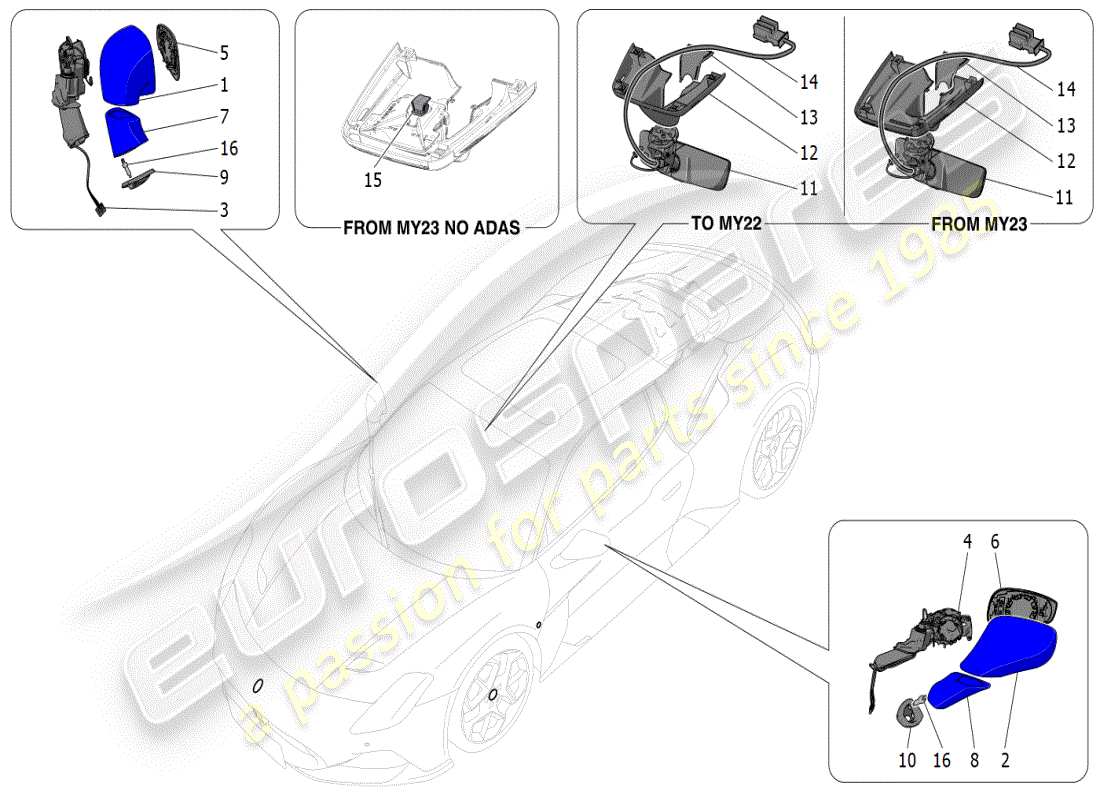 maserati mc20 (2024) internal and external rear-view mirrors part diagram