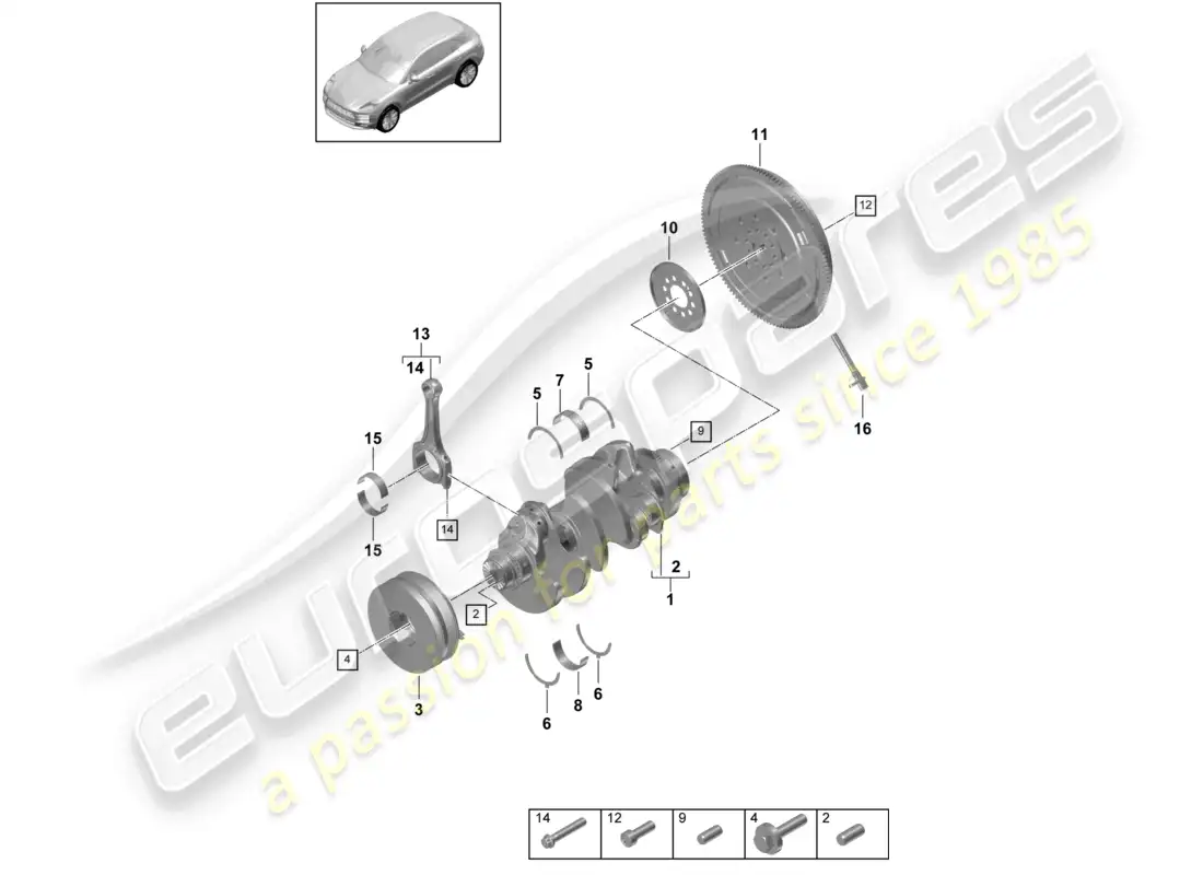 porsche 2020 (macan) crankshaft conrod dual-mass flywheel parts diagram