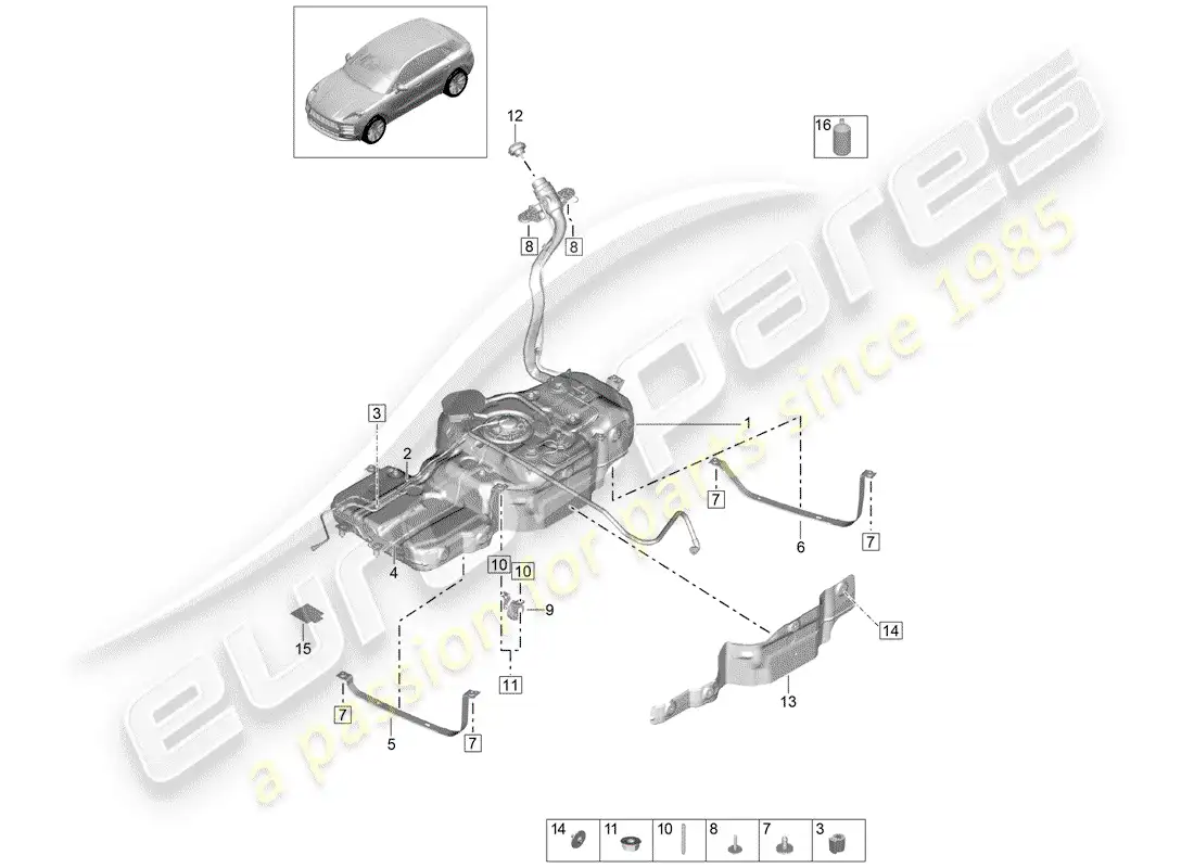 porsche 2020 (macan) fuel tank with attachments parts diagram