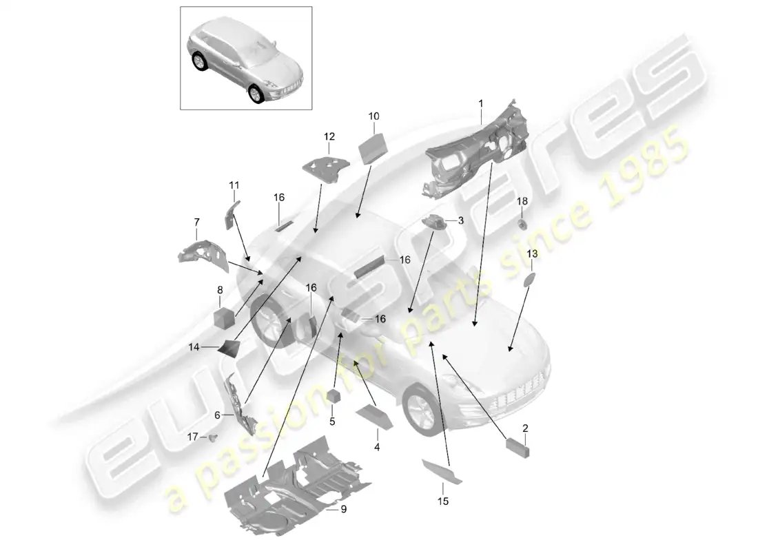 porsche 2014 (macan) sound absorber passenger compartment parts diagram