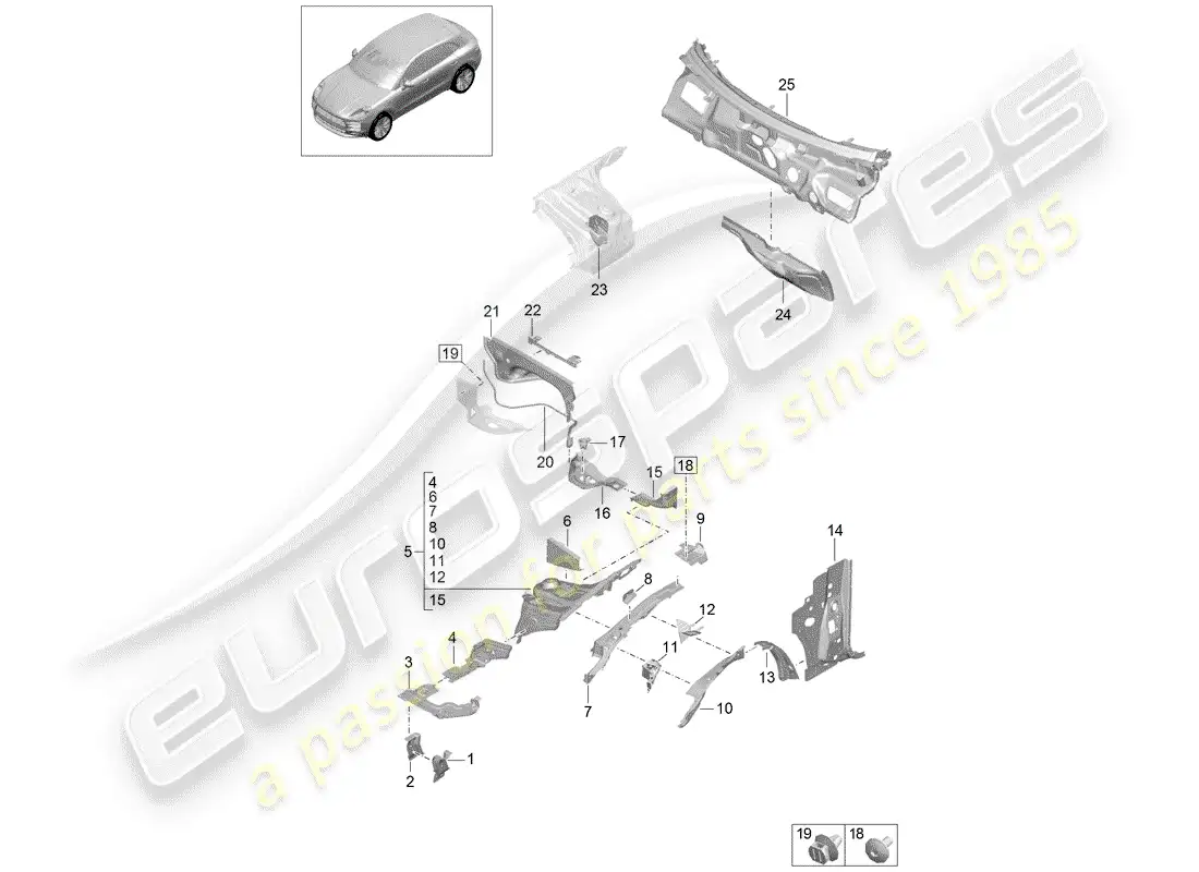 porsche 2020 (macan) front end suspension strut mounting firewall parts diagram