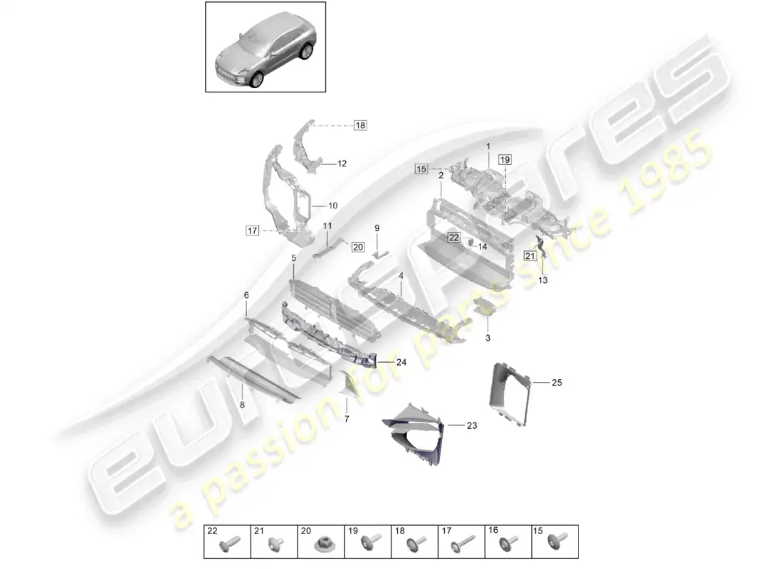 porsche 2020 (macan) carrier turbo cooler for coolant air guide and lock carrier parts diagram