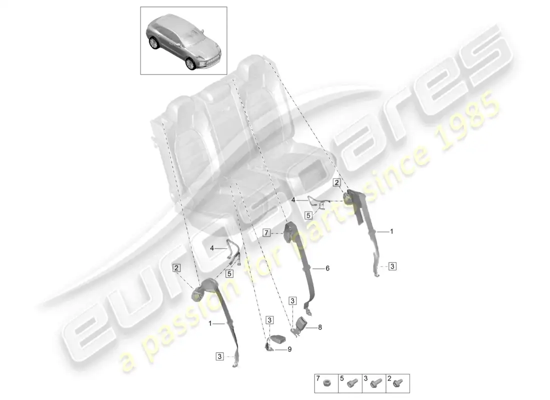 porsche 2020 (macan) three-point safety belt rear belt latch parts diagram