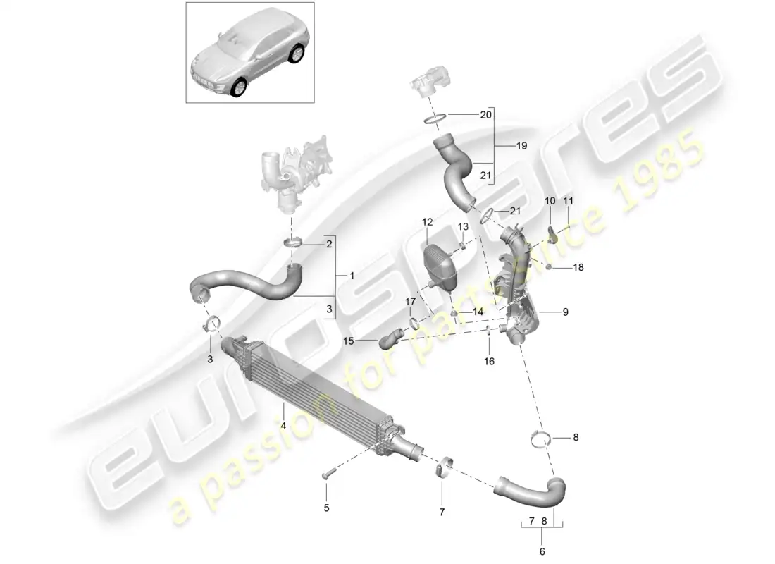 porsche 2014 (macan) charge air cooler pressure pipe parts diagram