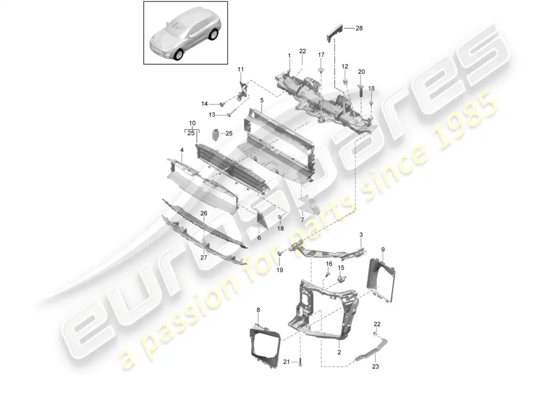 porsche 2014 (macan) carrier cooler for coolant air guide and lock carrier parts diagram