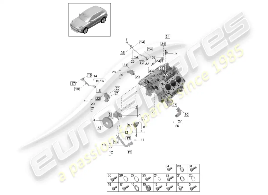 porsche 2020 (macan) coolant pump thermostat housing coolant pipe breather line parts diagram