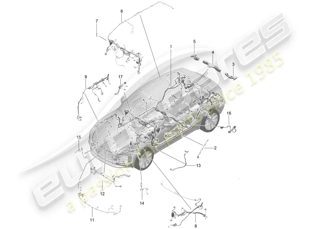 porsche 2020 (macan) wire set passenger compartment bumper front end anti-locking brake syst. -abs- brake pad wear display front axle parts diagram