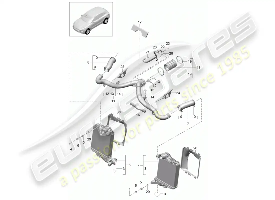 porsche 2014 (macan) charge air cooler pressure pipe parts diagram