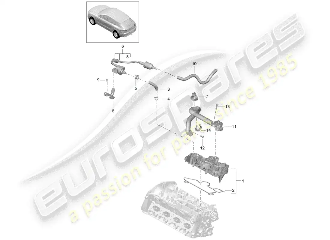 porsche 2014 (macan) oil separator breather line fuel tank crankcase housing parts diagram
