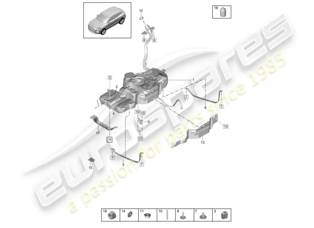 porsche 2020 (macan) fuel tank with attachments parts diagram